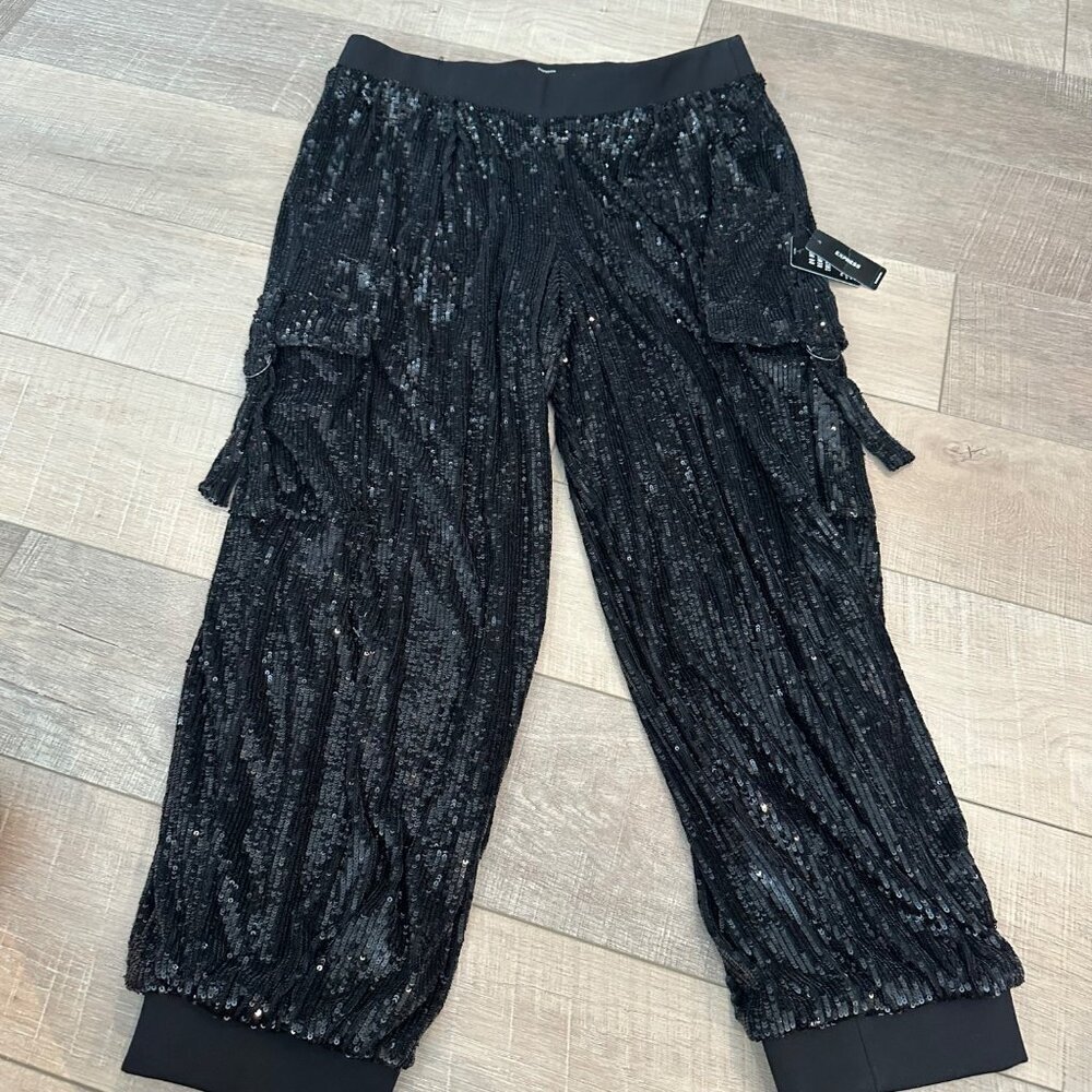 EXPRESS WOMENS BLACK SEQUIN LARGE JOGGER PANTS NEW